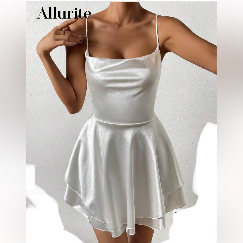 Shein Allurite white draped lace up back satin layered mini dress Size L